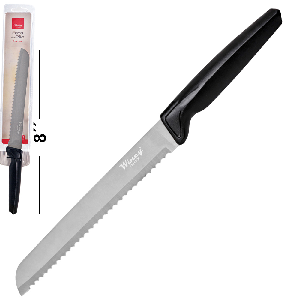 FACA DE PAO DE INOX 8'' CABO PLASTICO PRETO UMBRA
