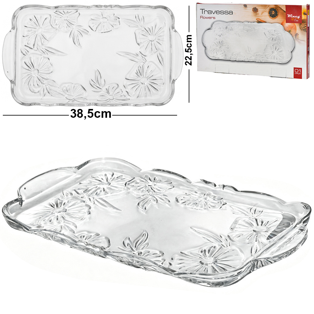 BANDEJA TRAVESSA DE VIDRO RETANGULAR FLOWERS 38,5X22,5CM 