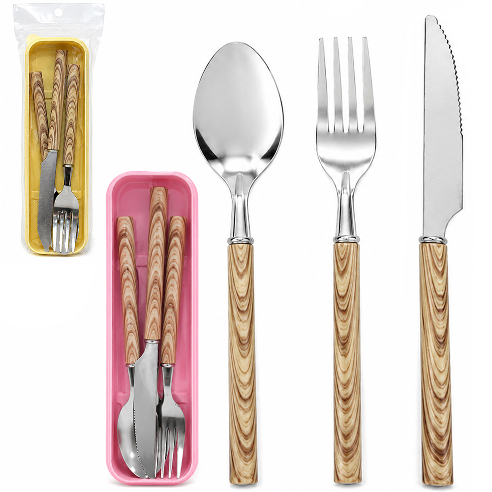 CONJUNTO DE TALHER COM GARFO + FACA E COLHER DE INOX CABO PLASTICO TIPO MADEIRA 3 PECAS NO ESTOJO 