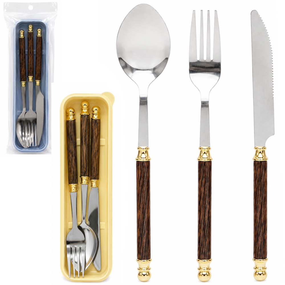 CONJUNTO DE TALHER COM GARFO + FACA E COLHER DE INOX CABO PLASTICO TIPO MADEIRA 3 PECAS NO ESTOJO 