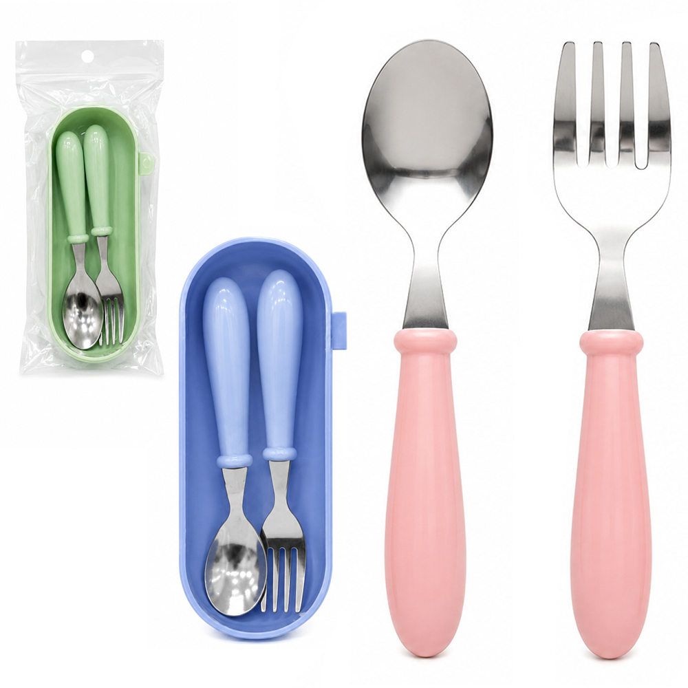 CONJUNTO DE TALHER INFANTIL COM COLHER + GARFO DE INOX CABO PLASTICO NO ESTOJO  