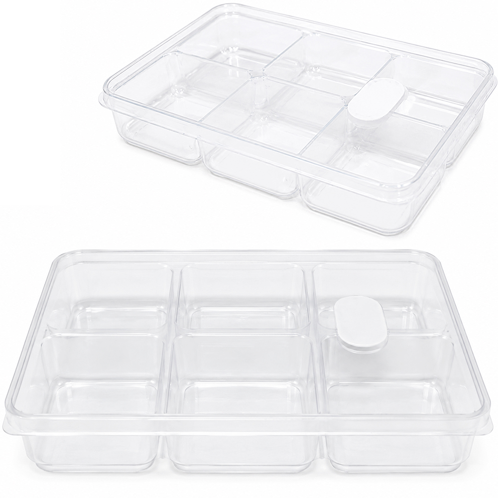 POTE DE PLASTICO RETANGULAR TRANSPARENTE COM 6 DIVISORIAS + TAMPA E VALVULA 20,5X14X4CM 