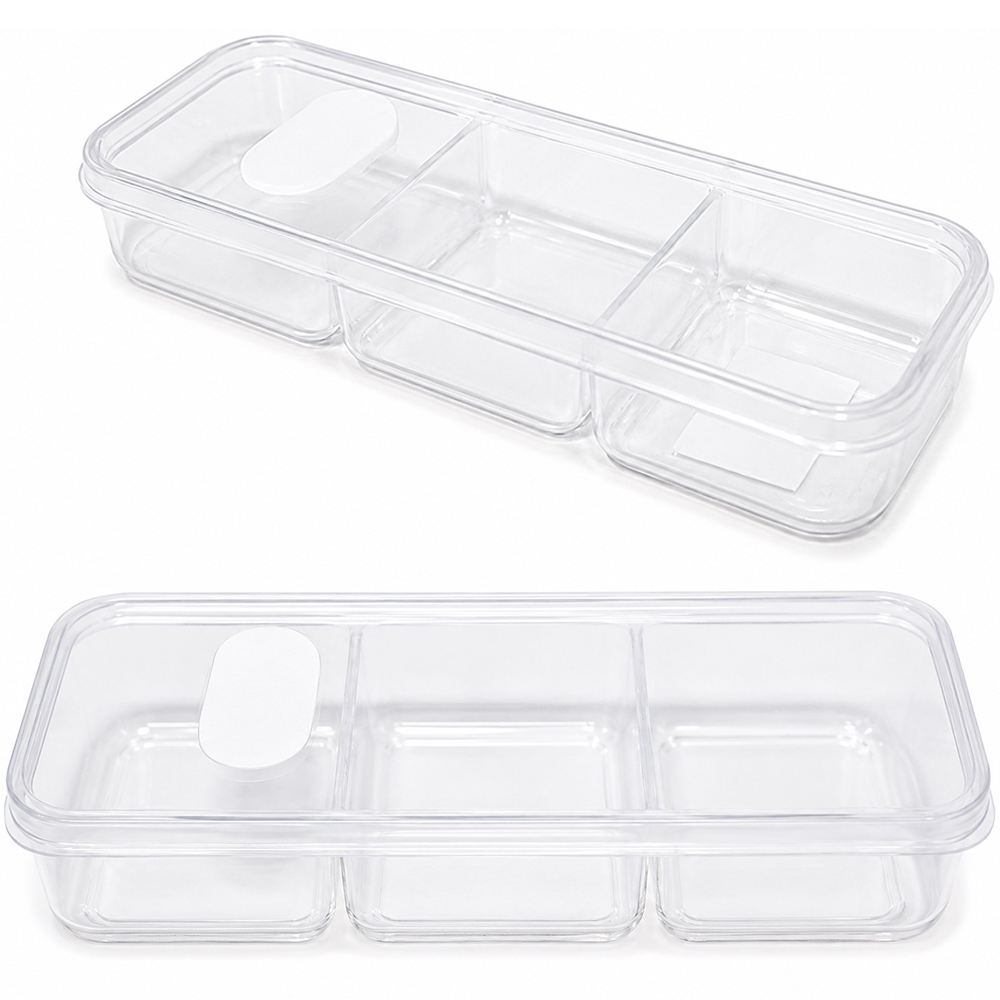 POTE DE PLASTICO RETANGULAR TRANSPARENTE COM 3 DIVISORIAS + TAMPA E VALVULA 20,5X7X3,5CM 