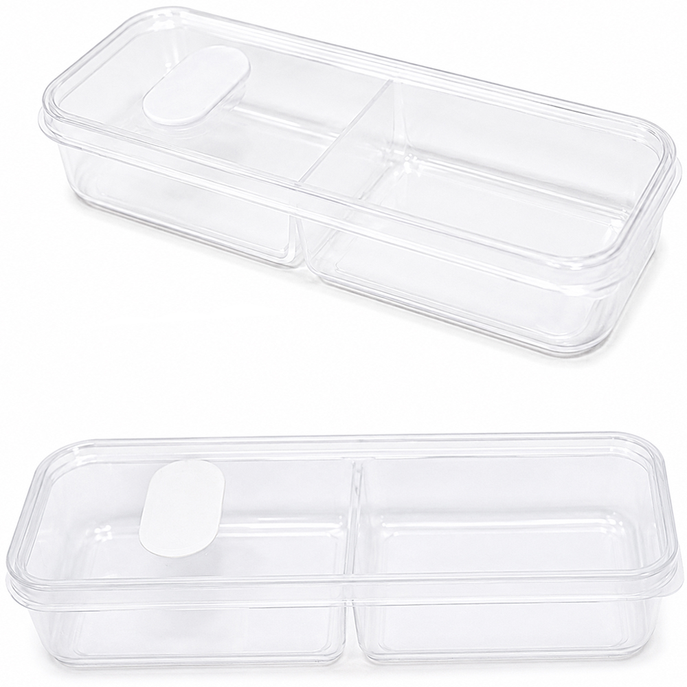 POTE DE PLASTICO RETANGULAR TRANSPARENTE COM 2 DIVISORIAS + TAMPA E VALVULA 20,5X7X3,5CM 