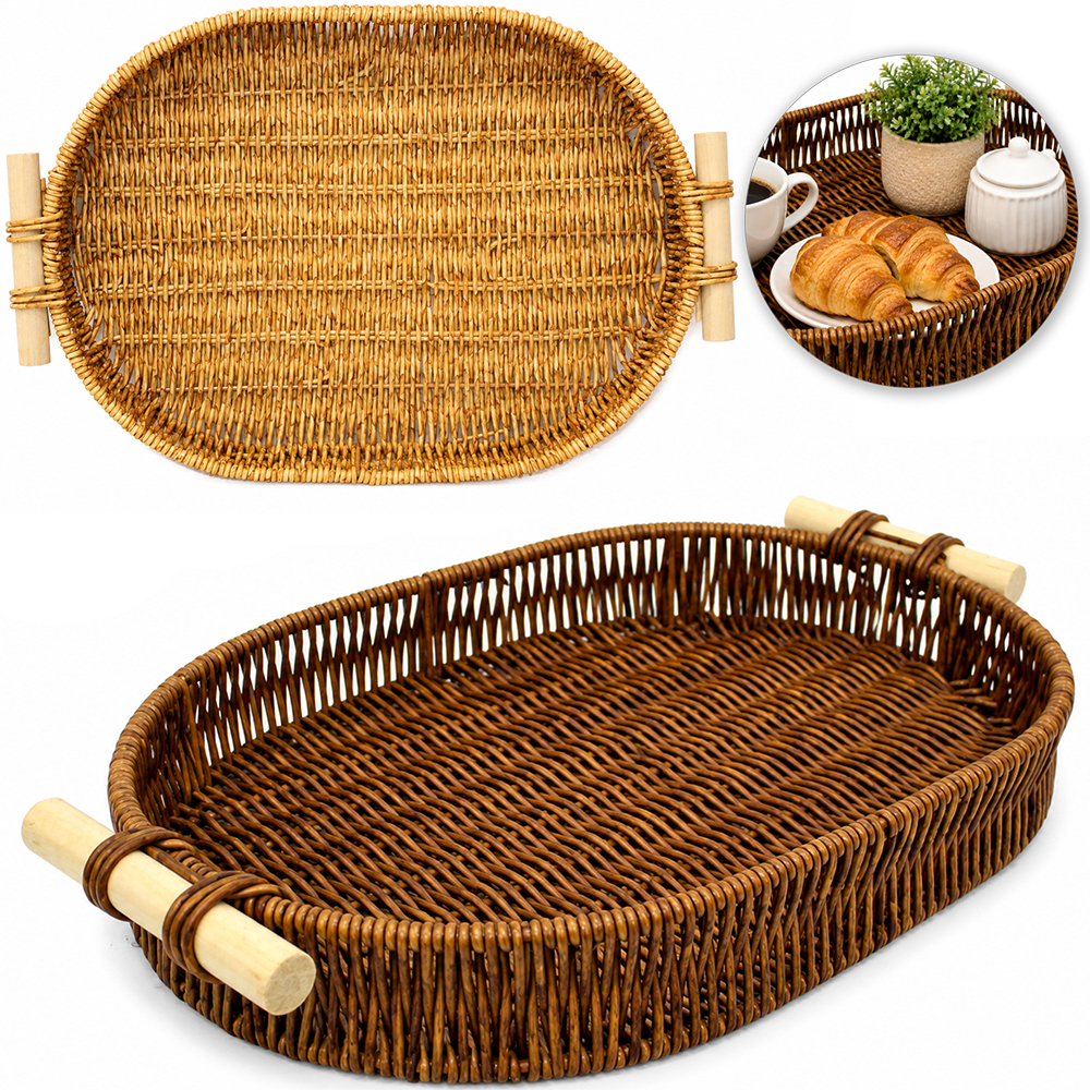 BANDEJA DE PLASTICO TIPO VIME OVAL COM ALCA DE MADEIRA 37X25X5CM