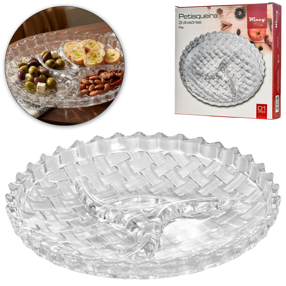 PETISQUEIRA DE VIDRO REDONDA COM 3 DIVISORIAS PIE 22,4CM DE Ø  