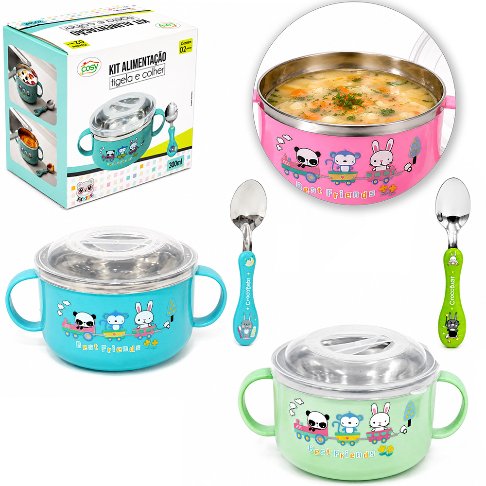 KIT ALIMENTACAO / PAPINHA TIGELA DE INOX COM TAMPA COLHER E ALCA DE PLASTICO 300ML