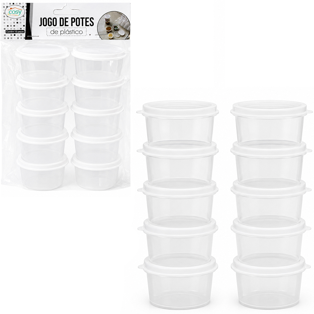 CONJUNTO DE MINI POTE DE PLASTICO RETANGULAR COM TAMPA 10 PECAS 70ML 6X5,5X3,5CM