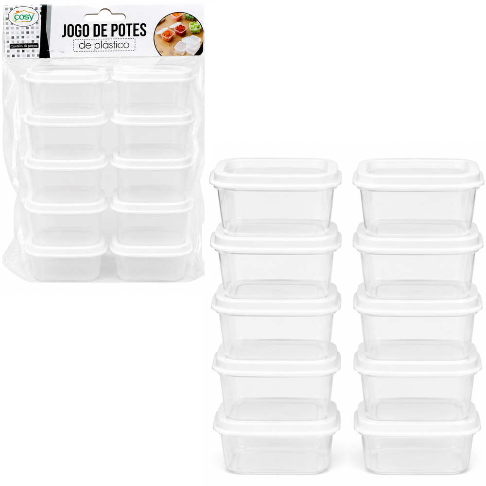CONJUNTO DE MINI POTE DE PLASTICO REDONDO COM TAMPA 10 PECAS 70ML 3,5X6,5CM DE Ø