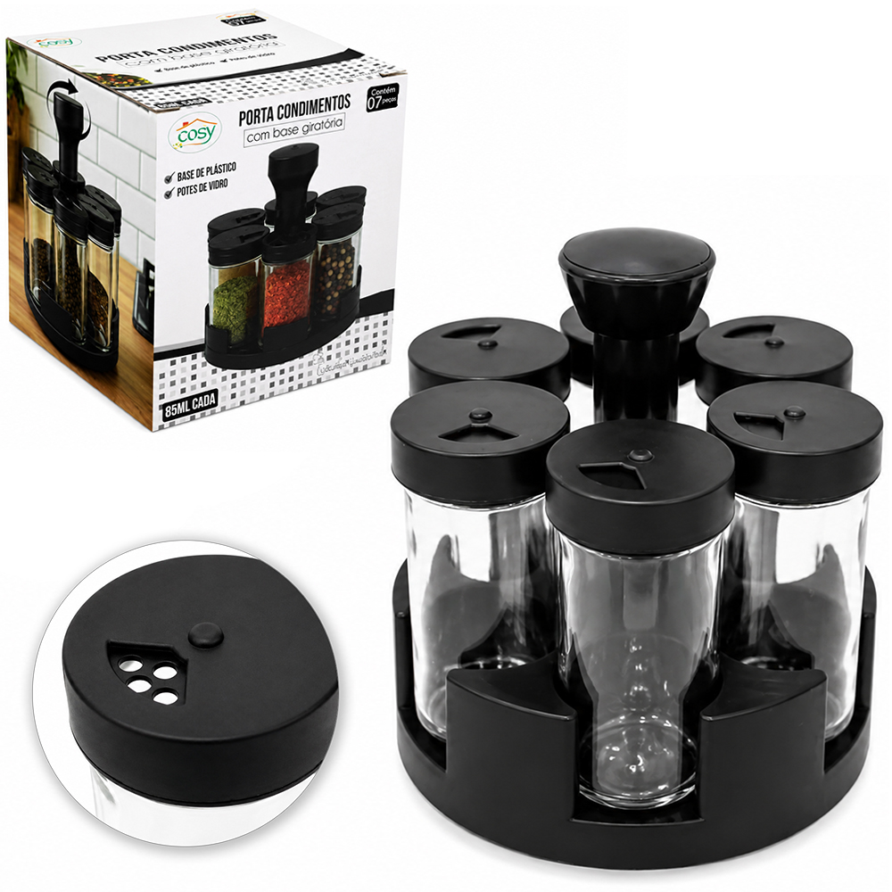 PORTA CONDIMENTO DE VIDRO / PLASTICO COM 7 PECAS 85ML + SUPORTE GIRATORIO REDONDO BLACK