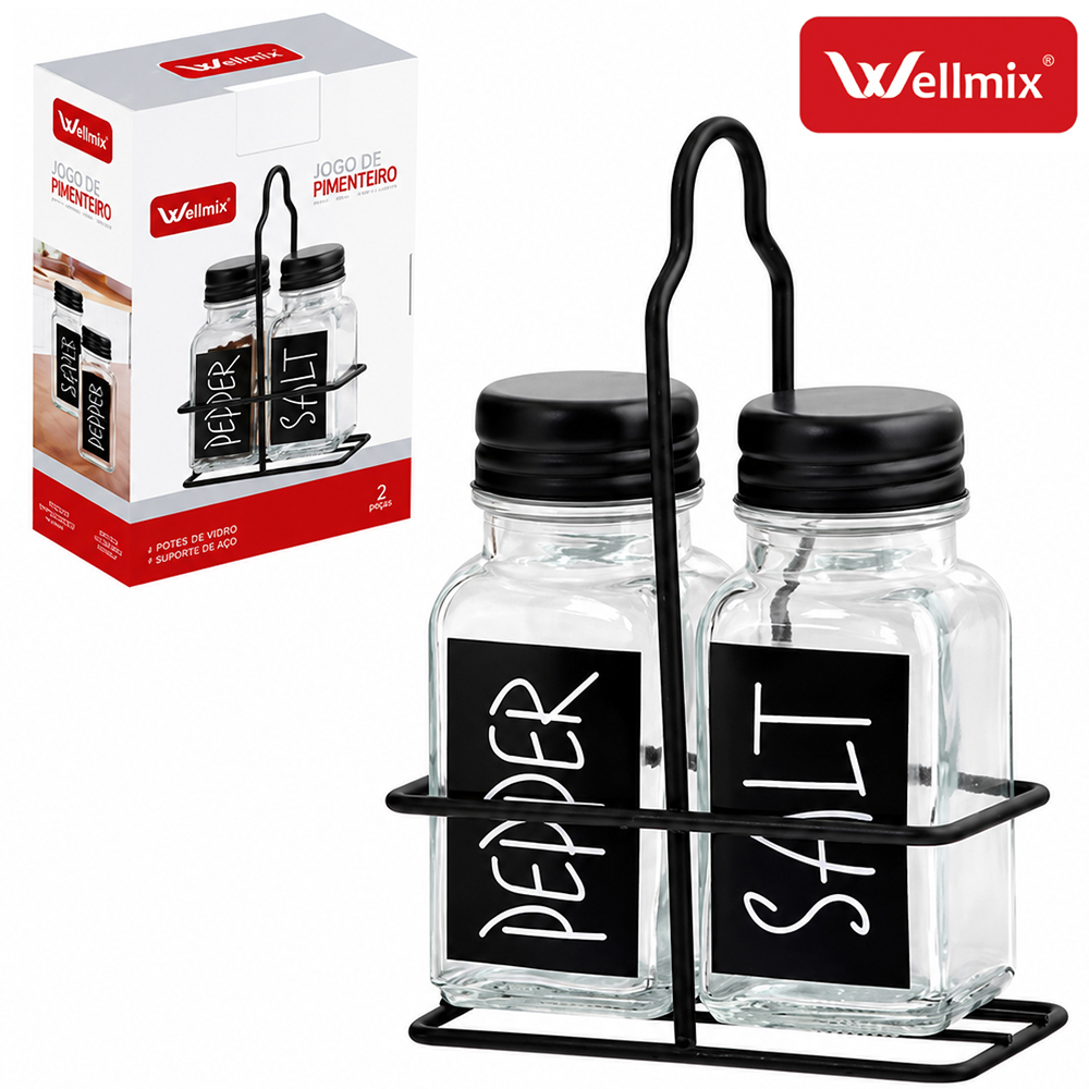 SALEIRO COM PALITEIRO DE MESA DE VIDRO COM 2 PECAS 100ML + SUPORTE ARAMADO BLACK 
