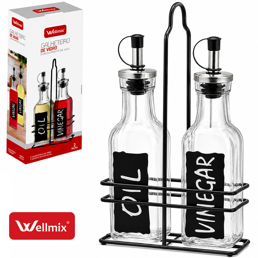 GALHETEIRO DE VIDRO COM 2 PECAS 250ML + SUPORTE ARAMADO BLACK 
