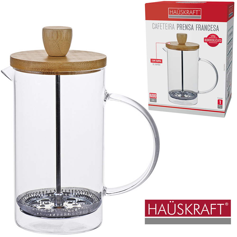 CAFETEIRA PRENSA FRANCESA / CHALEIRA DE VIDRO BOROSILICATO 600ML COM TAMPA DE BAMBU HAUSKRAFT