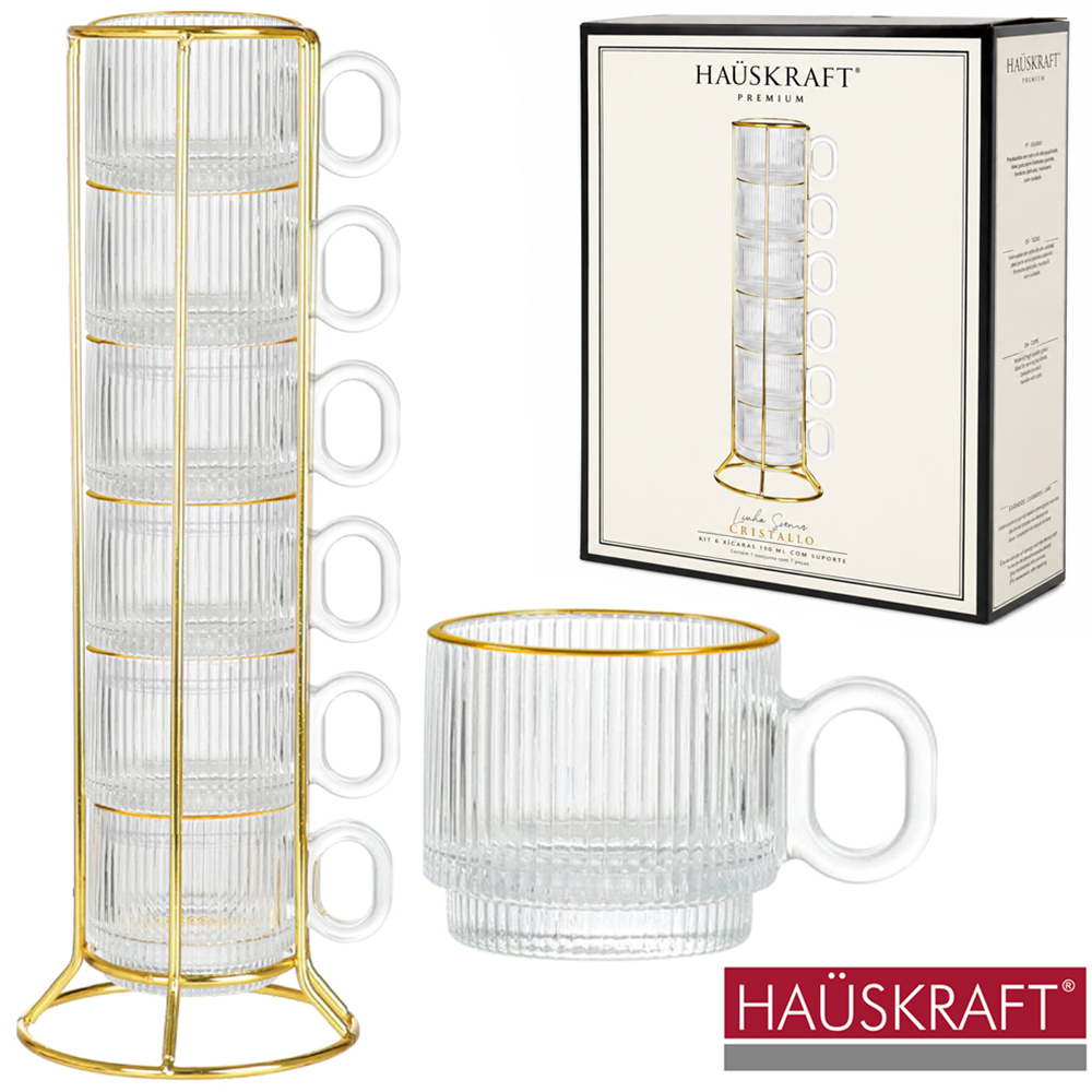 JOGO XICARA / CANECA  DE VIDRO COM BORDA DOURADA GRAFIATO EMPILHAVEL PARA CAFE HAUSKRAFT COM 6 PECAS 90ML + SUPUPORTE  A
