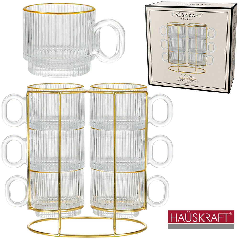 JOGO XICARA / CANECA DE VIDRO COM BORDA DOURADA GRAFIATO EMPILHAVEL PARA CHA HAUSKRAFT COM 6 PECAS 170ML + SUPORTE ARAMA