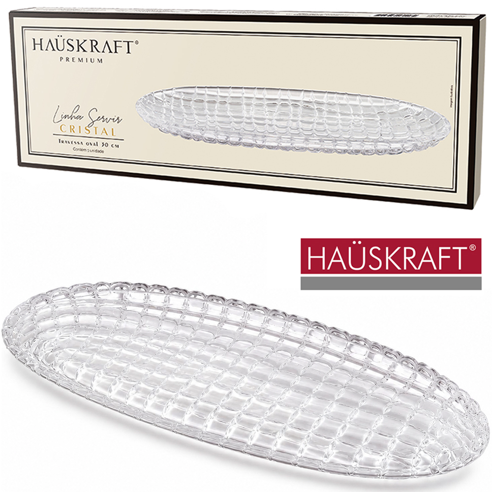 TRAVESSA DE VIDRO OVAL LINHA SERVIR CRISTAL HAUSKRAFT PREMIUM 30X10,5CM