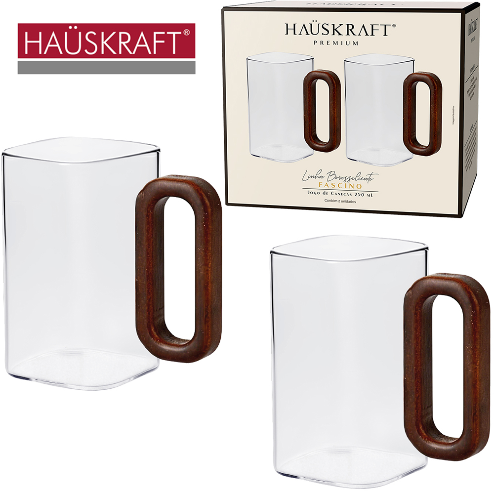 CANECA XICARA DE VIDRO BOROSSILICATO FASCINO COM ALCA DE MADEIRA HAUSKRAFT PREMIUM 2 PECAS 250ML