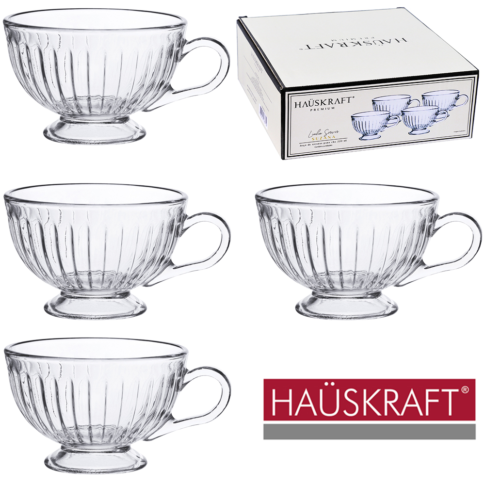 JOGO DE CANECA XICARA DE VIDRO PARA CHA LINHA SERVIR SUZANA HAUSKRAFT PREMIUM 4 PECAS 220ML