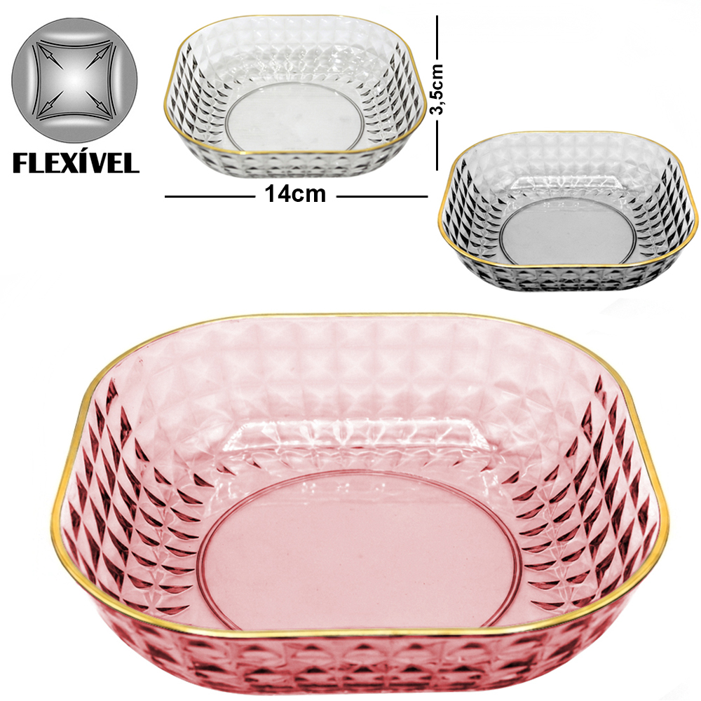 FRUTEIRA DE MESA DE PLASTICO PET FLEXIVEL QUADRADA BORDA DOURADA 14X3,5CM