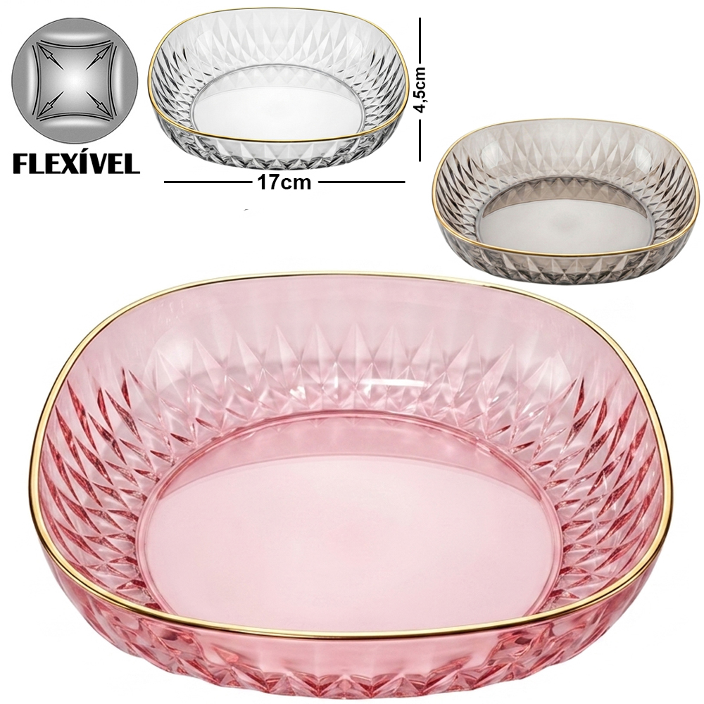 FRUTEIRA DE MESA DE PLASTICO PET FLEXIVEL QUADRADA BORDA DOURADA INTER HOUSE 17X4,5CM