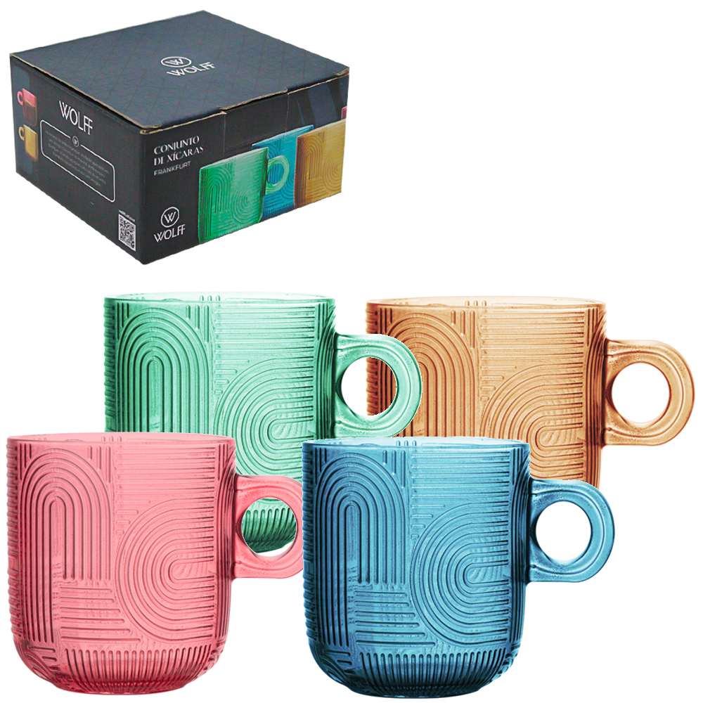 JOGO CANECA XICARA DE VIDRO FRANKFURT COLORS 4 PECAS 100ML WOLFF