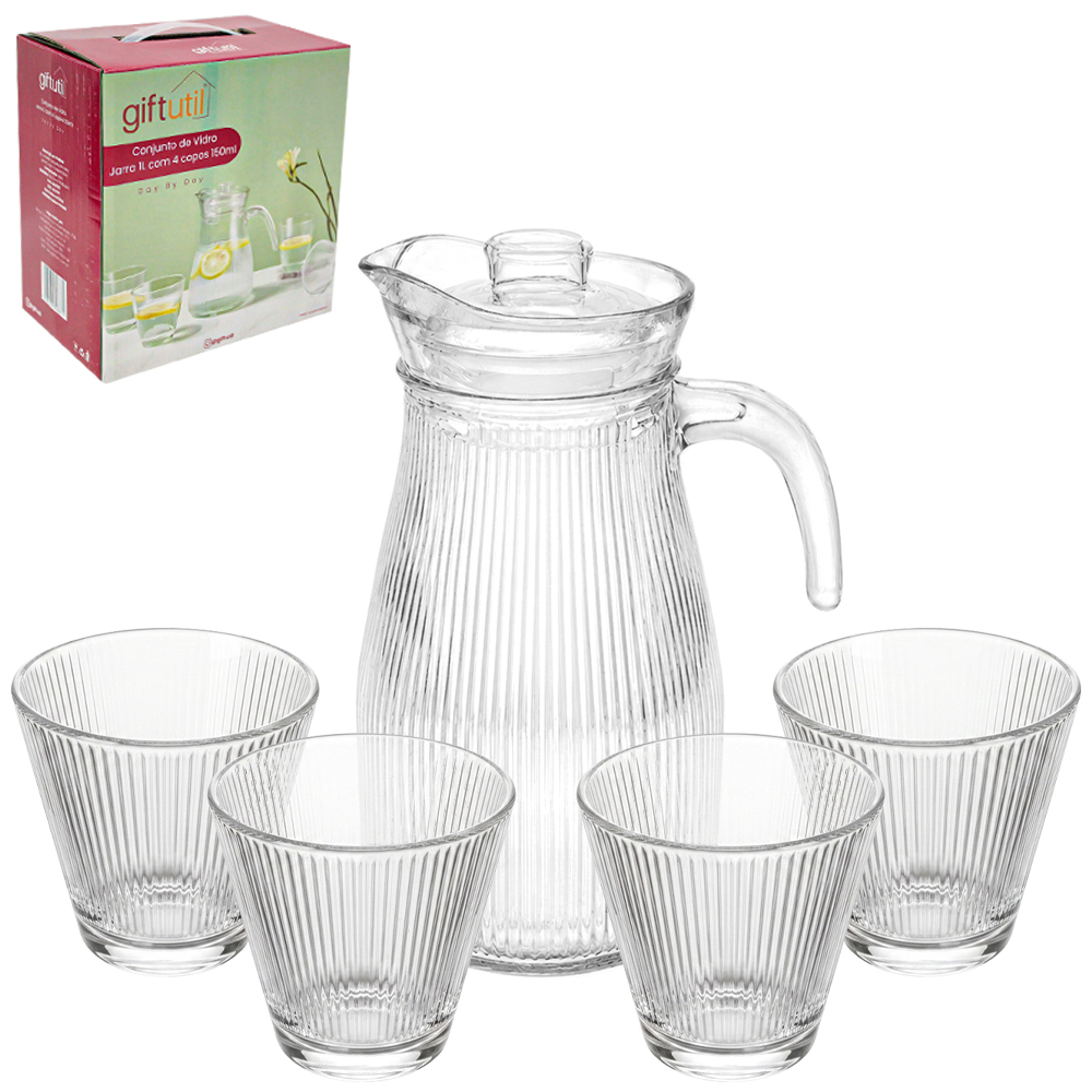 JARRA DE VIDRO 1L COM TAMPA + 4 COPOS 150ML