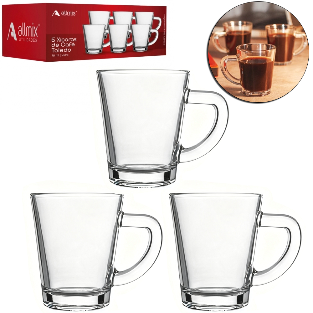 JOGO DE CANECA XICARA DE VIDRO PARA CAFE / CAPPUCCINO TOLEDO COM 6 PECAS 70ML