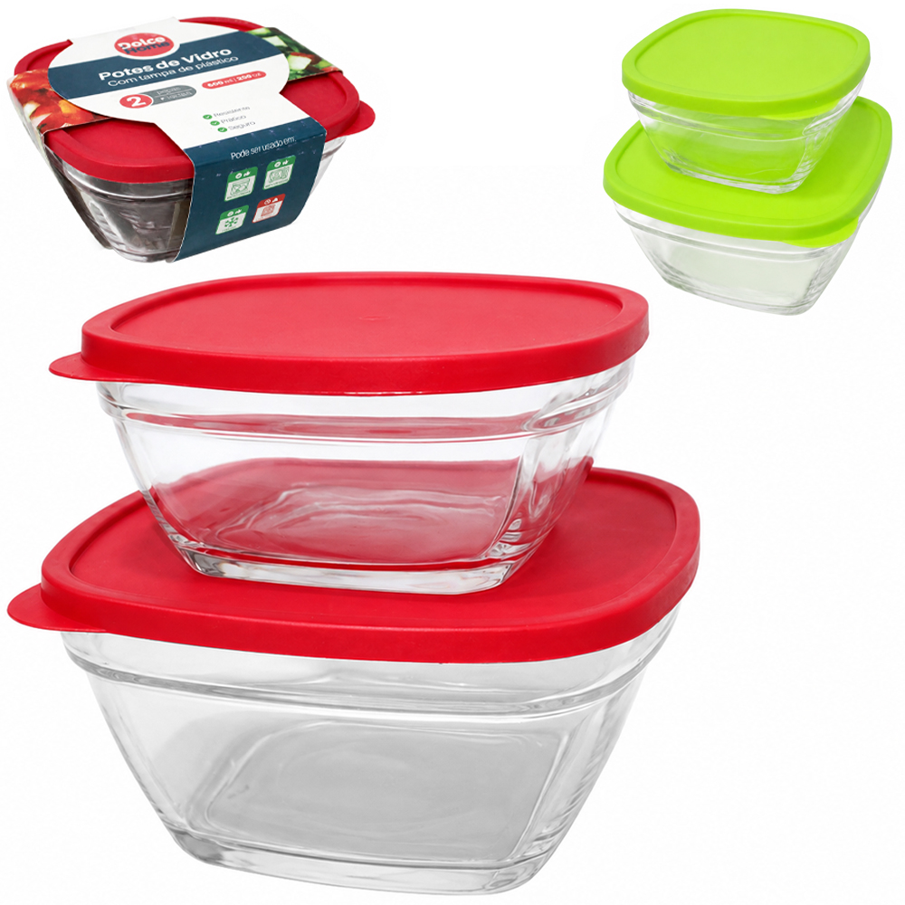 CONJUNTO DE POTE DE VIDRO QUADRADO COM TAMPA PLASTICO 2 PECAS 660 / 350ML