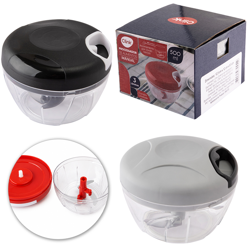 PROCESSADOR DE ALIMENTOS MANUAL A CORDA COM 3 LAMINAS INOX 500ML 9X13CM DE Ø