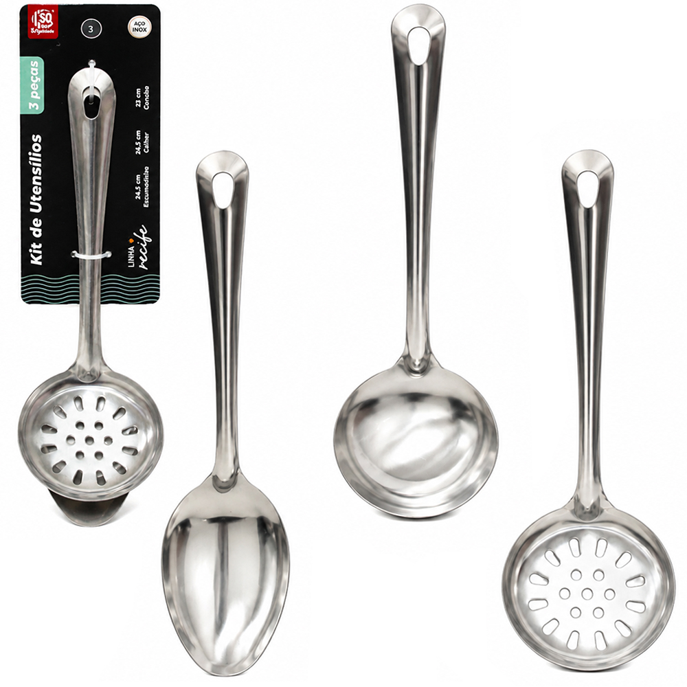 KIT UTENSILIOS COM COLHER ARROZ + CONCHA E ESCUMADEIRA RECIFE DE INOX