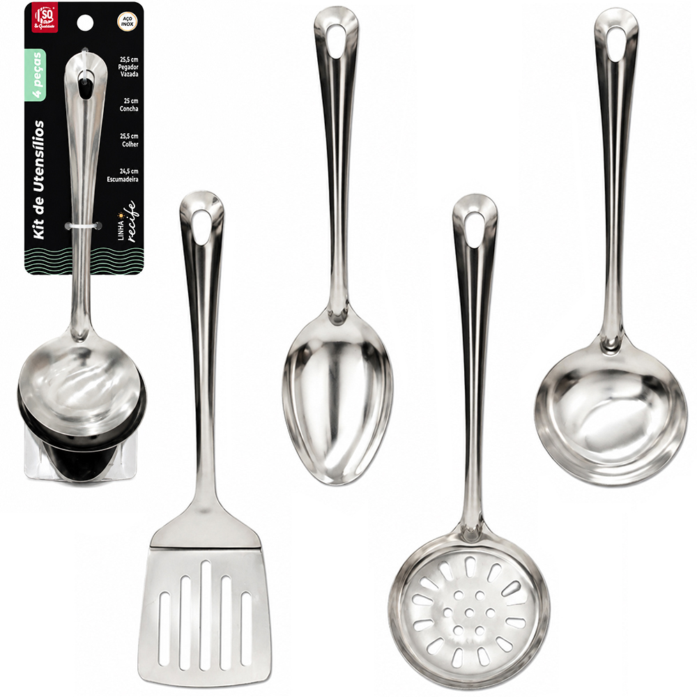 KIT UTENSILIOS COM COLHER ARROZ + CONCHA + ESCUMADEIRA E ESPATULA VAZADA RECIFE DE INOX
