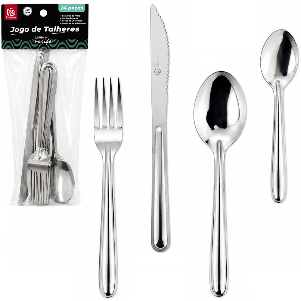 CONJUNTO DE TALHERES/FAQUEIRO COM 24 PECAS RECIFE DE INOX