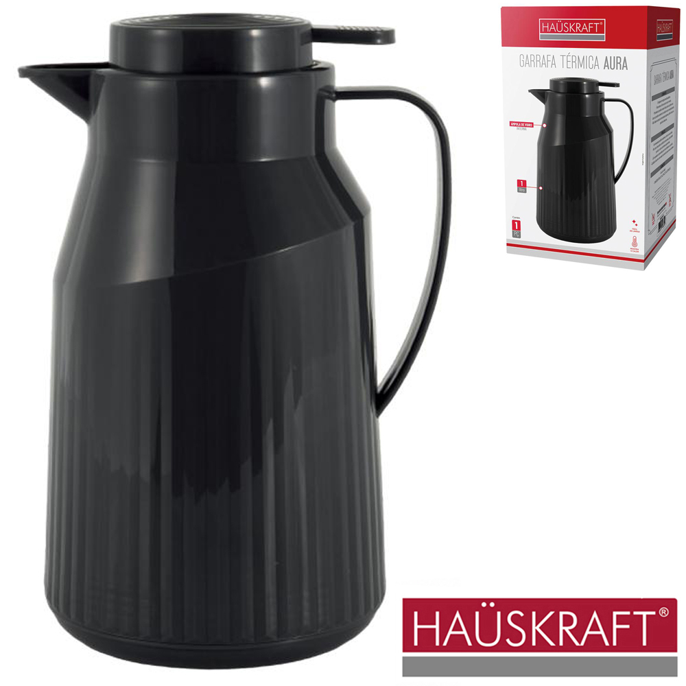 GARRAFA TERMICA COM AMPOLA DE VIDRO AURA PRETA HAUSKRAFT 1,5L