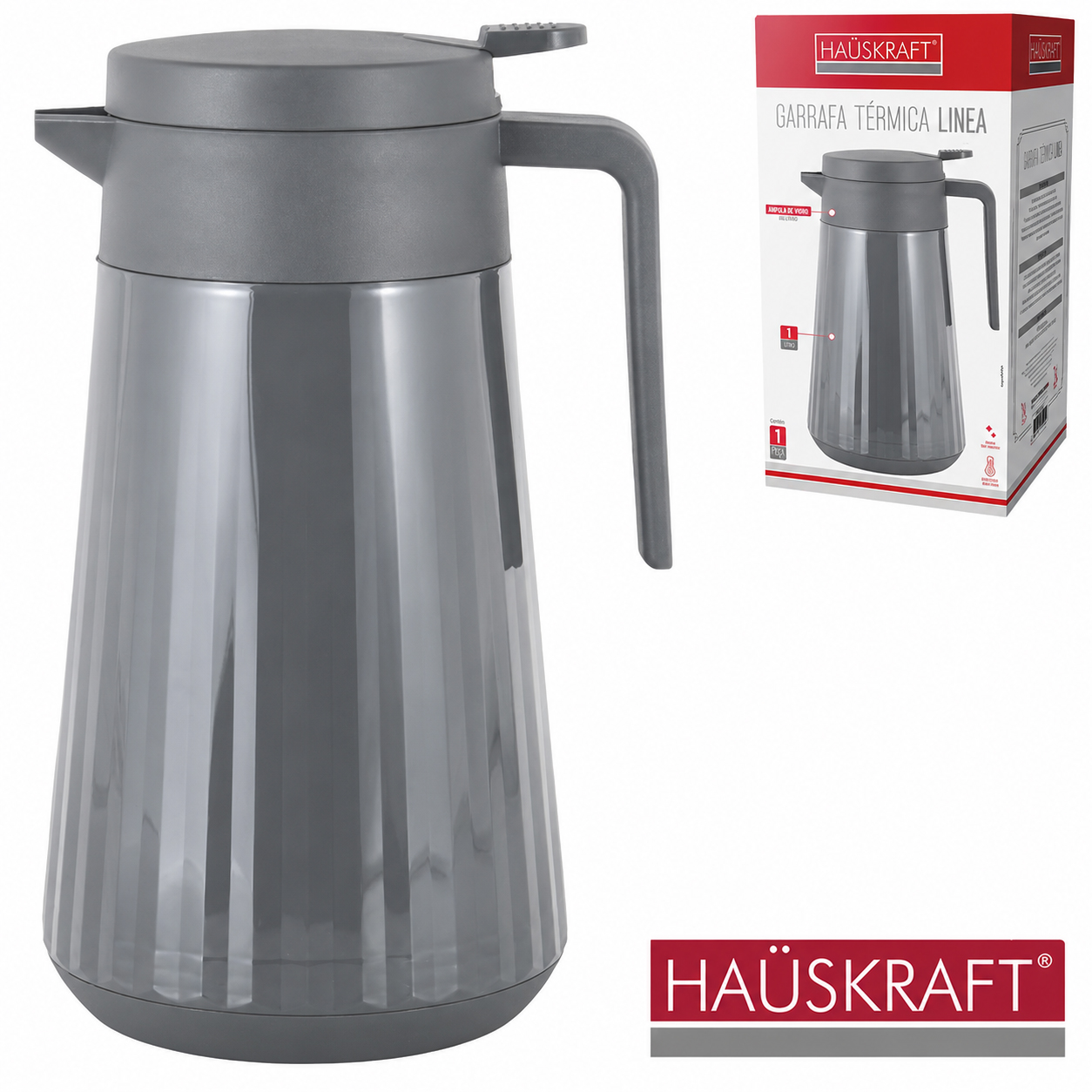 GARRAFA TERMICA COM AMPOLA DE VIDRO LINEA CINZA HAUSKRAFT 1L