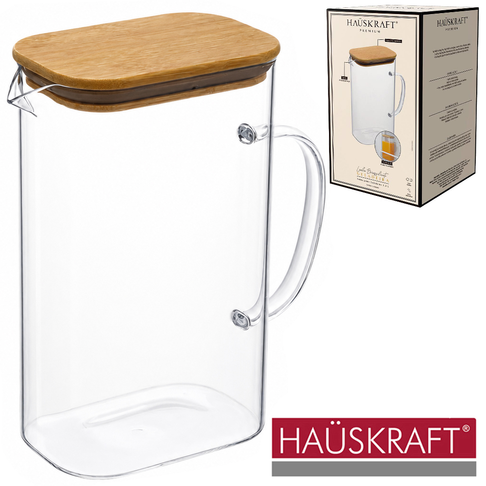 JARRA DE VIDRO COM TAMPA DE BAMBU LINHA BOROSSILICATO GELADEIRA HAUSKRAFT PREMIUM 1,5L 