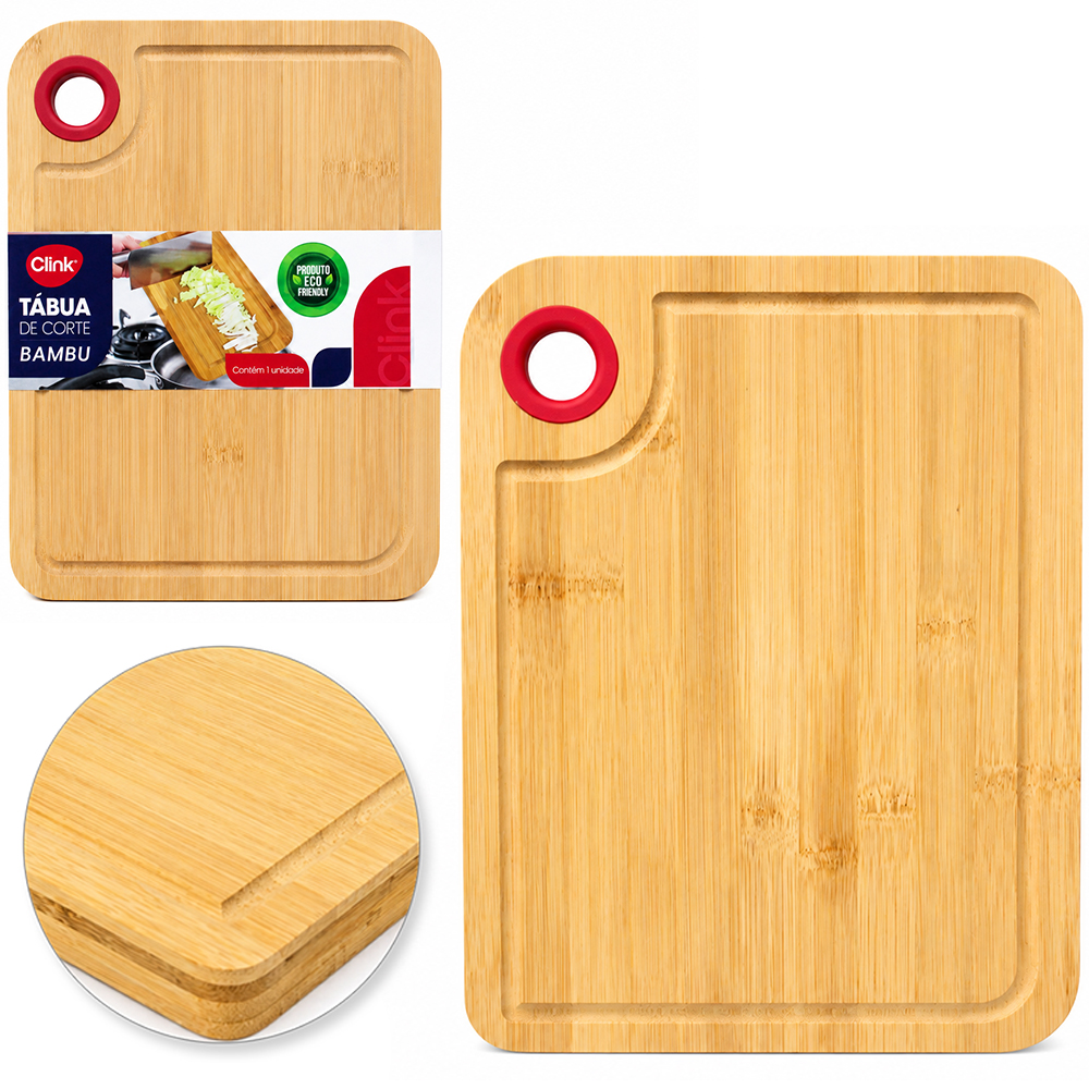 TABUA DE CORTE DE BAMBU MULTIUSO RETANGULAR COM ALCA SILICONE 28X20CM 