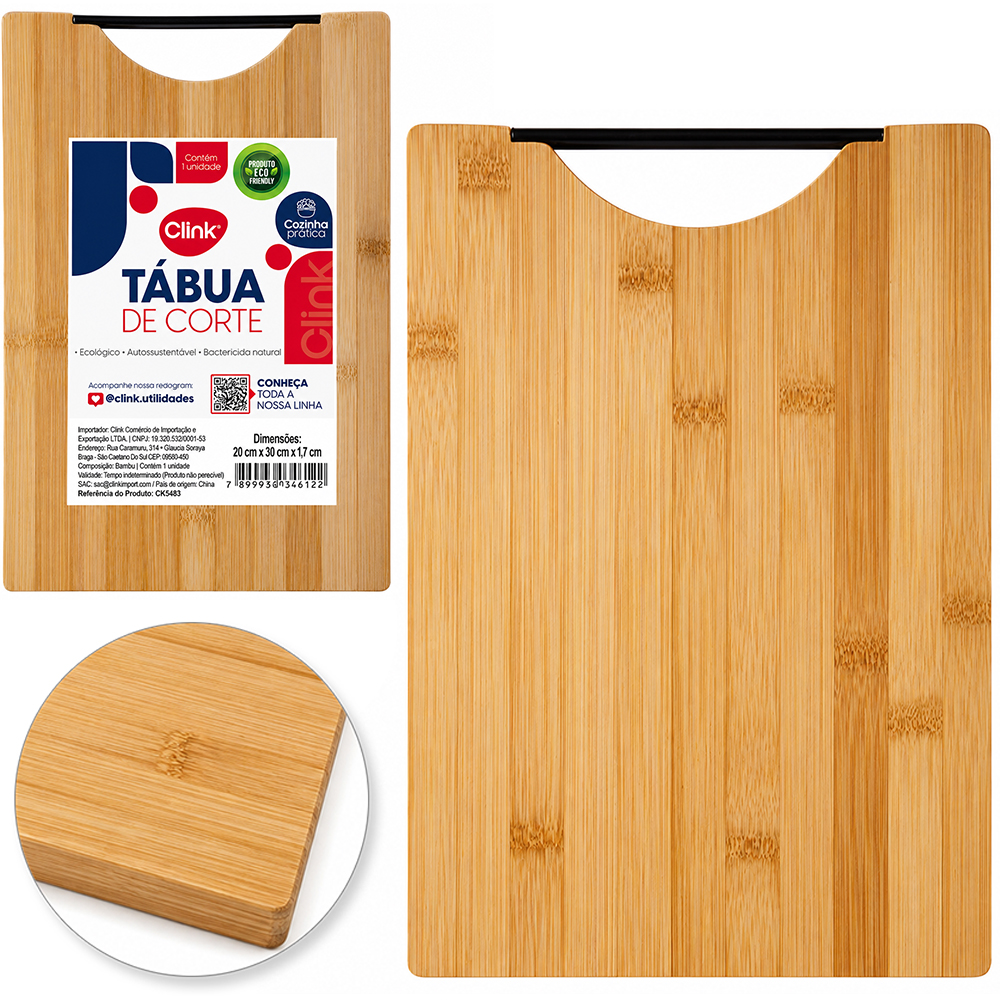 TABUA DE CORTE DE BAMBU MULTIUSO RETANGULAR COM ALCA DE PLASTICO 30X20CM  