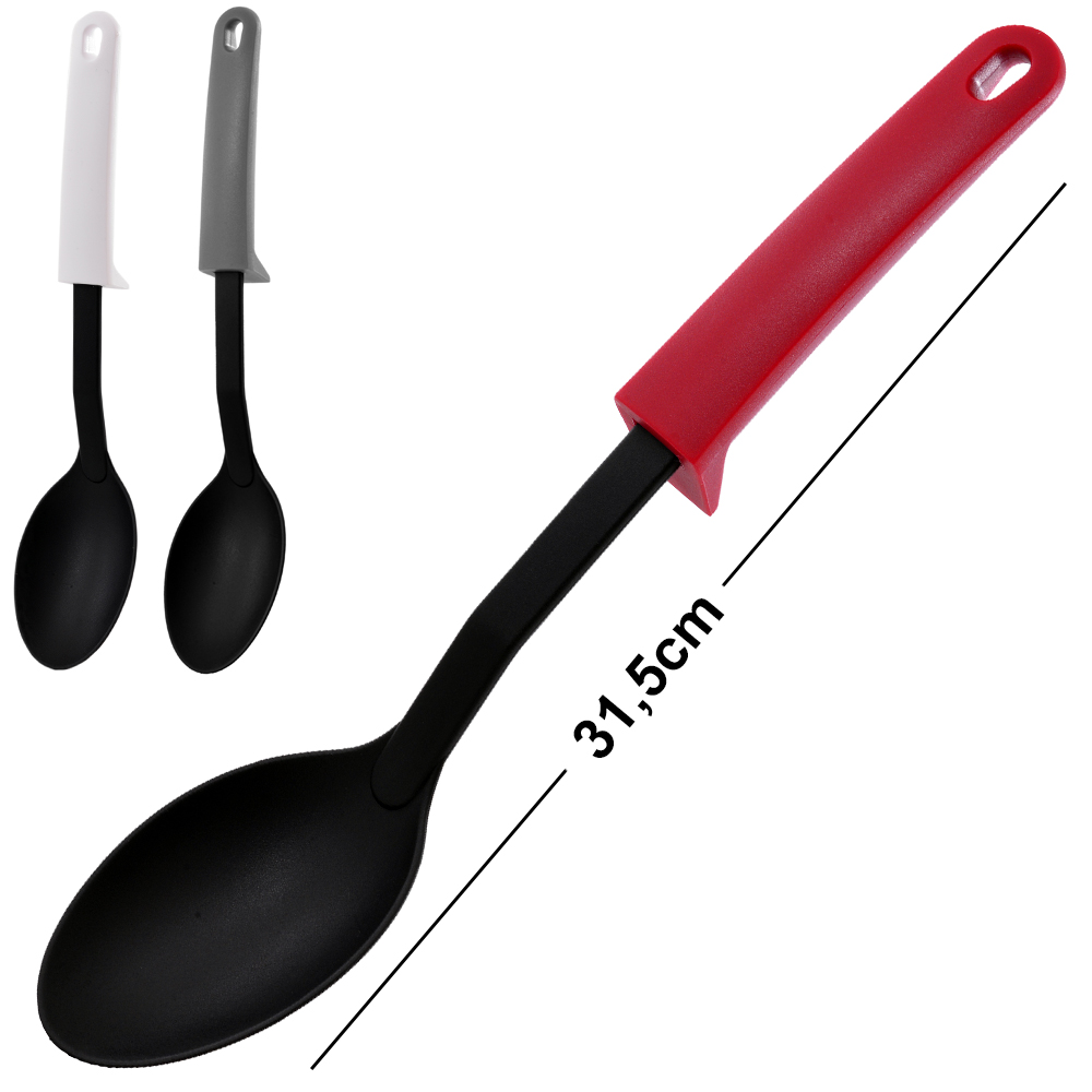 COLHER DE NYLON PRETO CABO PLASTICO VERMELHO E BRANCO CHERRY 31,5X6,5CM