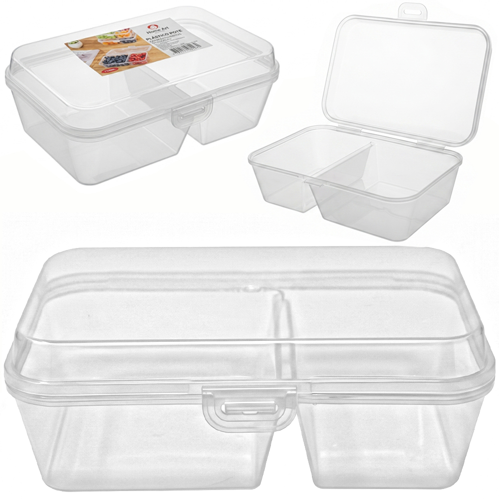 MARMITA DE PLASTICO RETANGULAR COM 2 DIVISORIAS + TRAVA 750ML 20X13X7CM