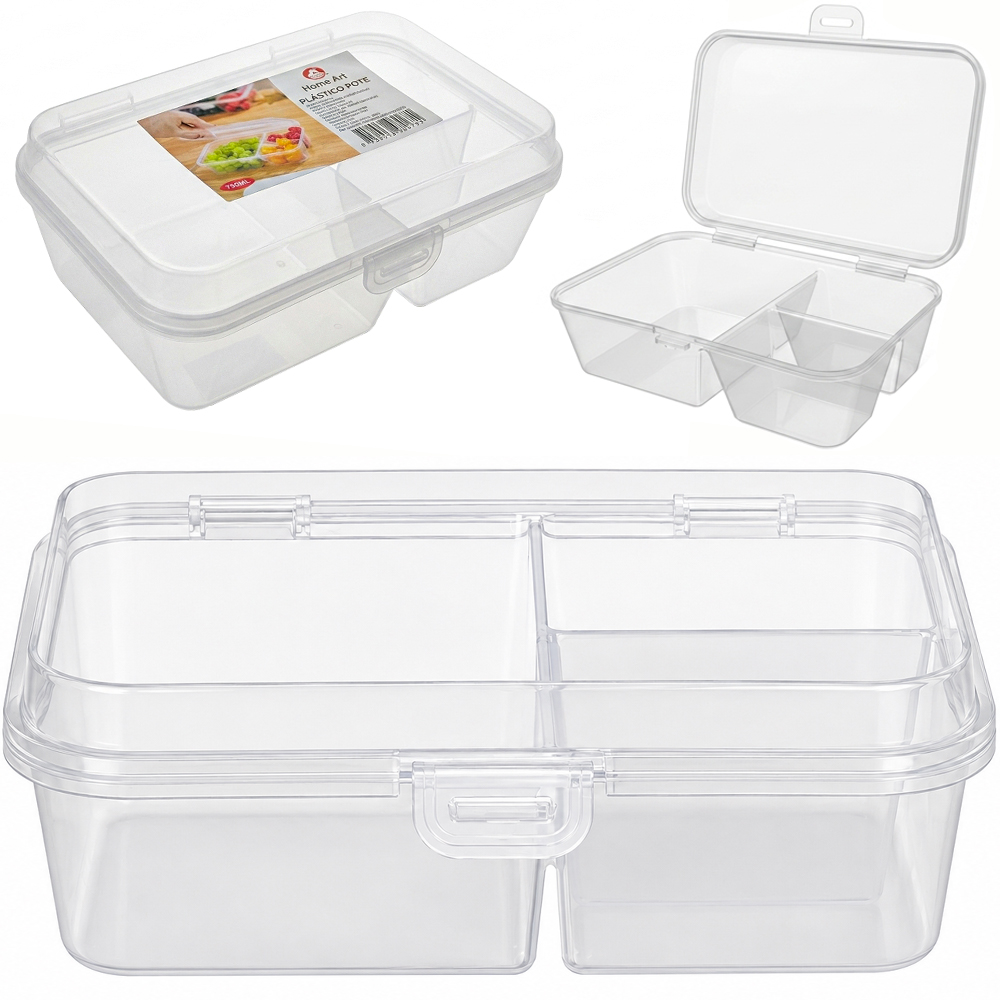 MARMITA DE PLASTICO RETANGULAR COM 3 DIVISORIAS + TRAVA 750ML 20X13X7CM