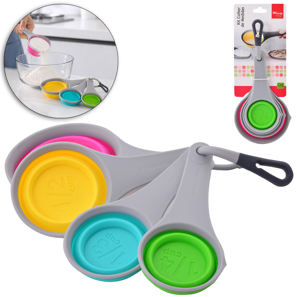CONJUNTO DE COLHER MEDIDORA DE SILICONE COM 4 PECAS 59/ 79/ 118/ 237ML 