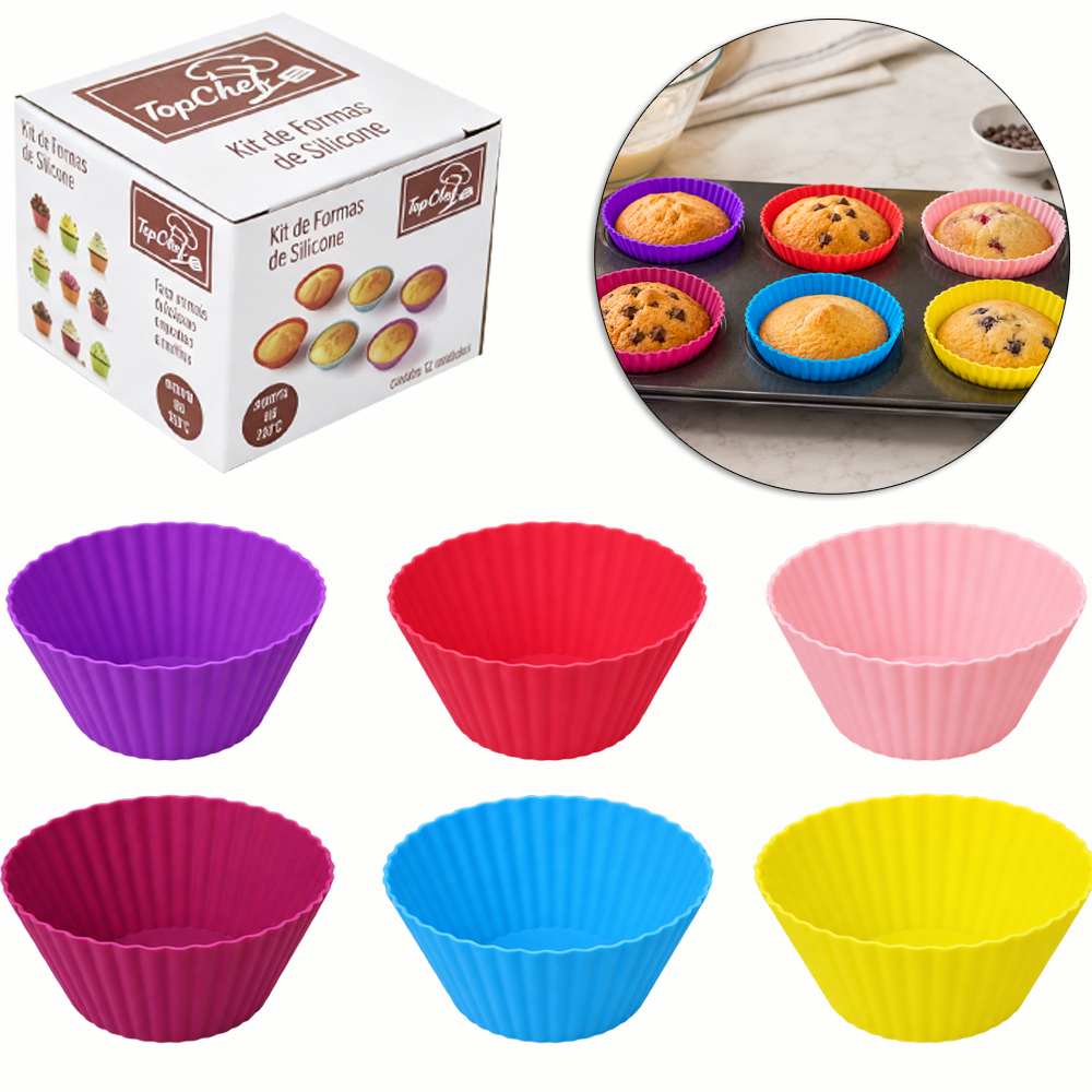 FORMA DE SILICONE REDONDA PARA CUPCAKE COM 12 PECAS 3,5X7CM DE Ø