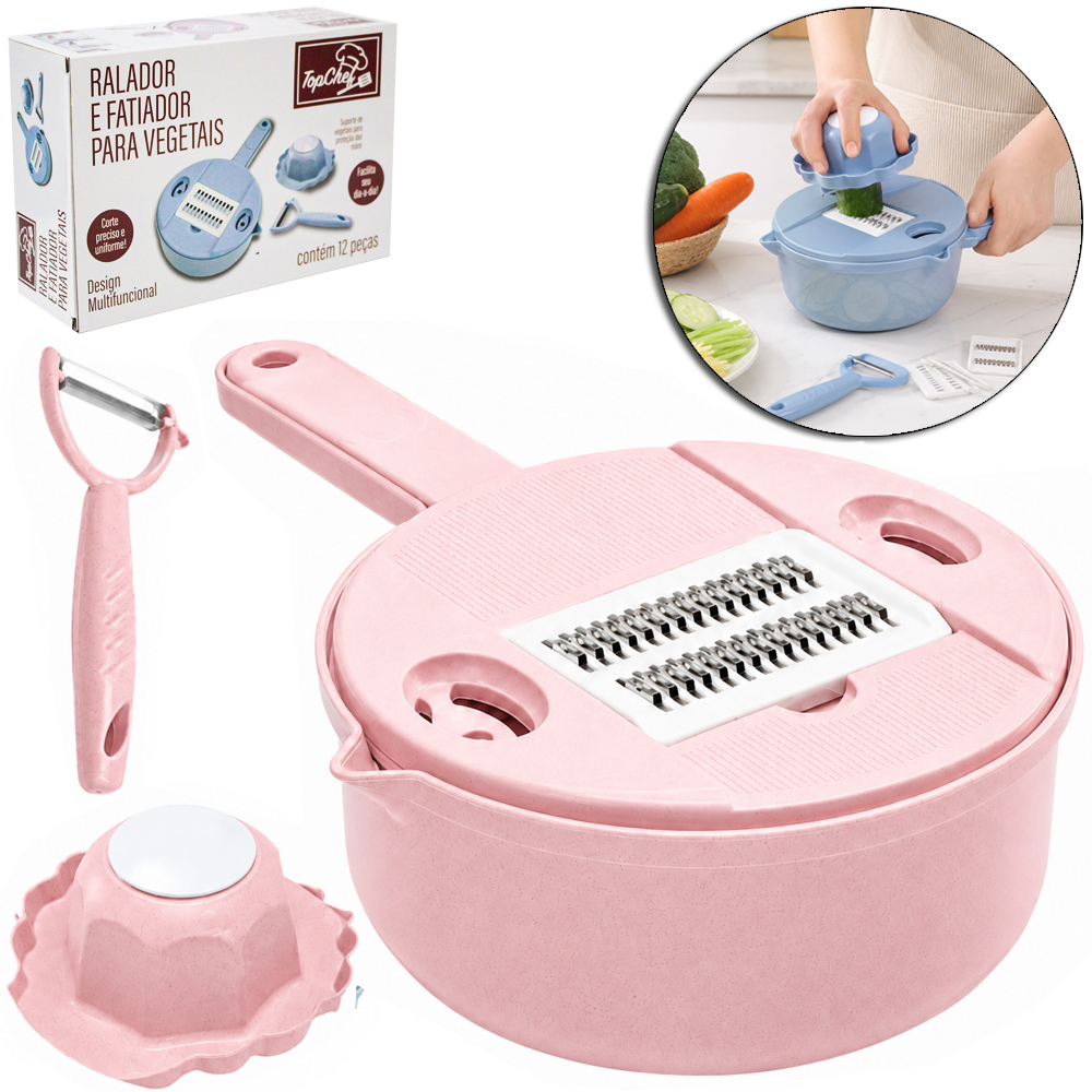 CORTADOR FATIADOR E RALADOR + DESCASCADOR DE FRUTAS / LEGUMES DE INOX / PLASTICO + 5 LAMINAS 12 PECAS