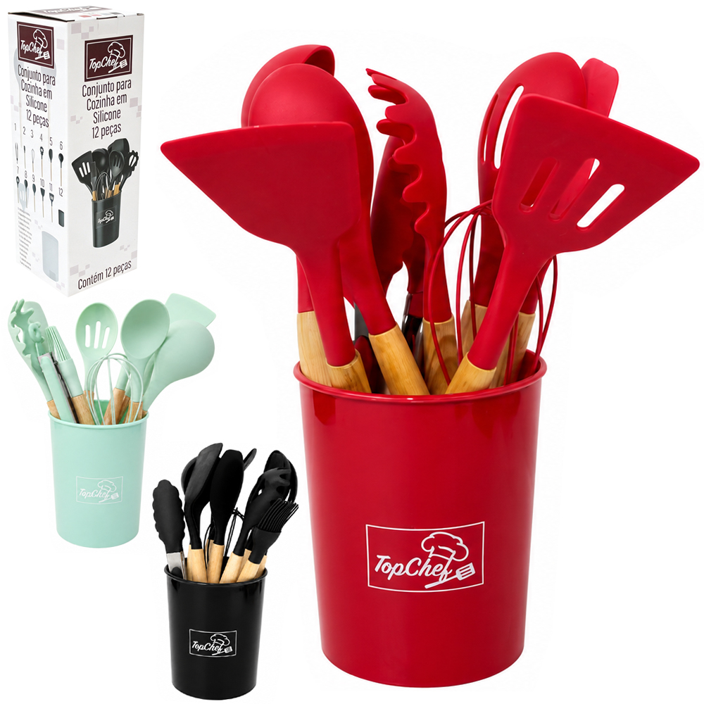 KIT UTENSILIOS ESPATULA / COLHER / PEGADOR / CONCHA / BATEDOR CLARA FOUET SILICONE + ESCORREDOR