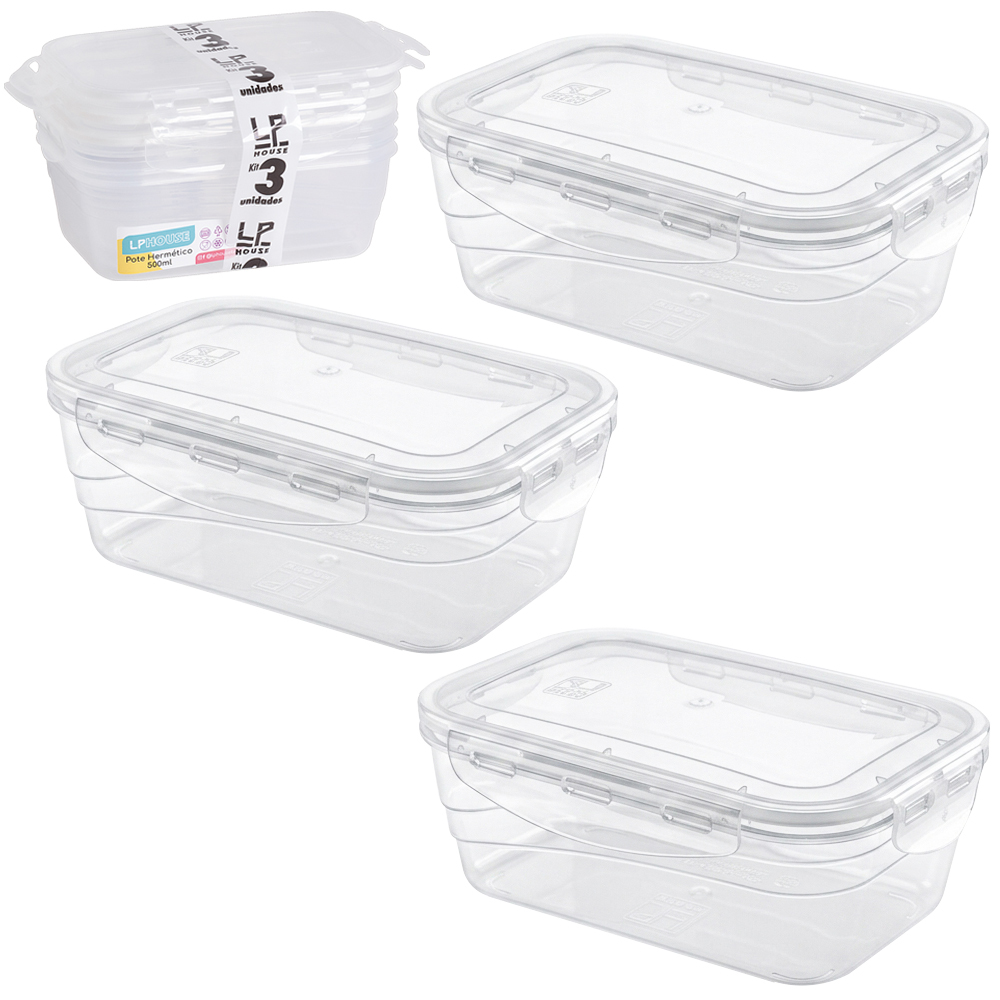 POTE DE PLASTICO RETANGULAR COM TAMPA HERMETICA E TRAVA COM 3 PECAS 500ML 15,5X11X6CM 