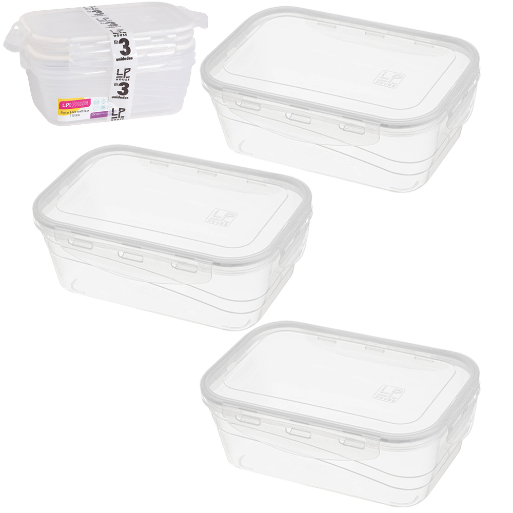 POTE DE PLASTICO RETANGULAR COM TAMPA HERMETICA E TRAVA COM 3 PECAS 1000ML 19,5X14,5X7,5CM 