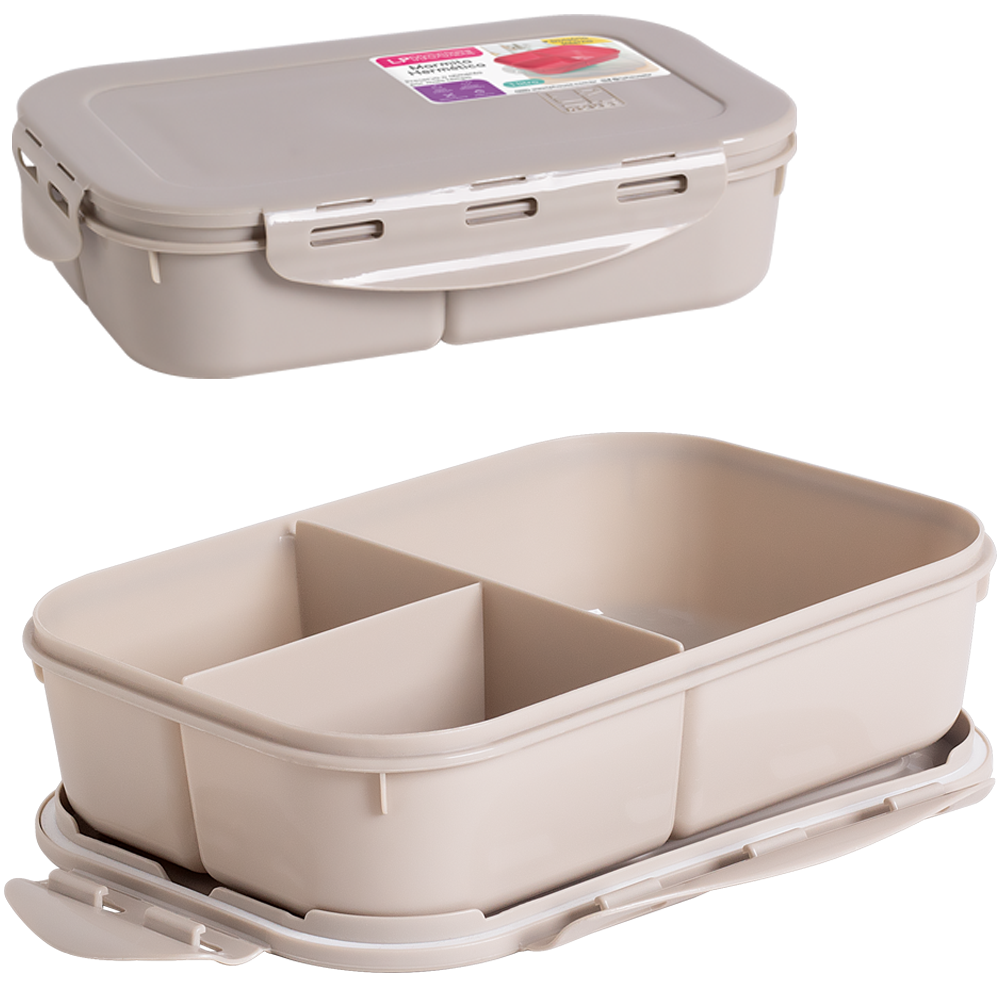 MARMITA DE PLASTICO RETANGULAR COM TAMPA HERMETICA E TRAVA COM 3 DIVISORIAS 1000ML 21X14,5X5,5CM 