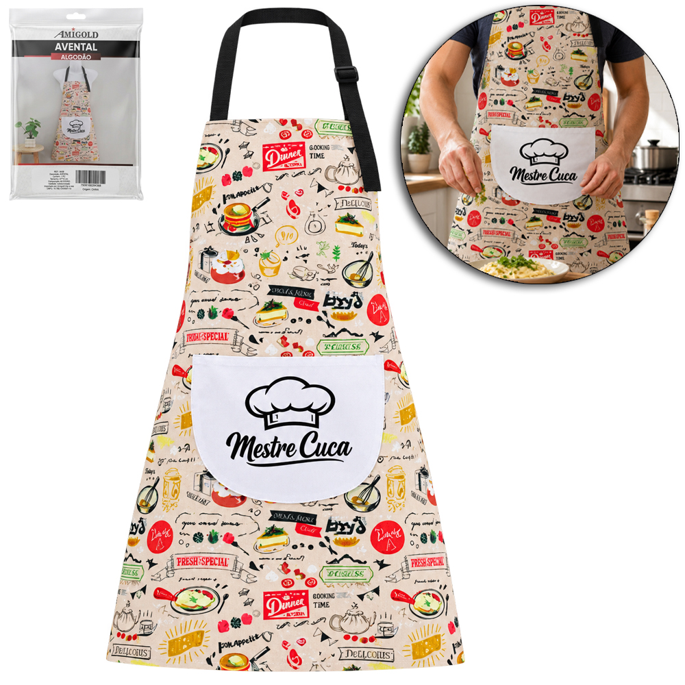 AVENTAL DE ALGODAO / POLIESTER PARA COZINHA COM FORRO + BOLSO 72X67CM