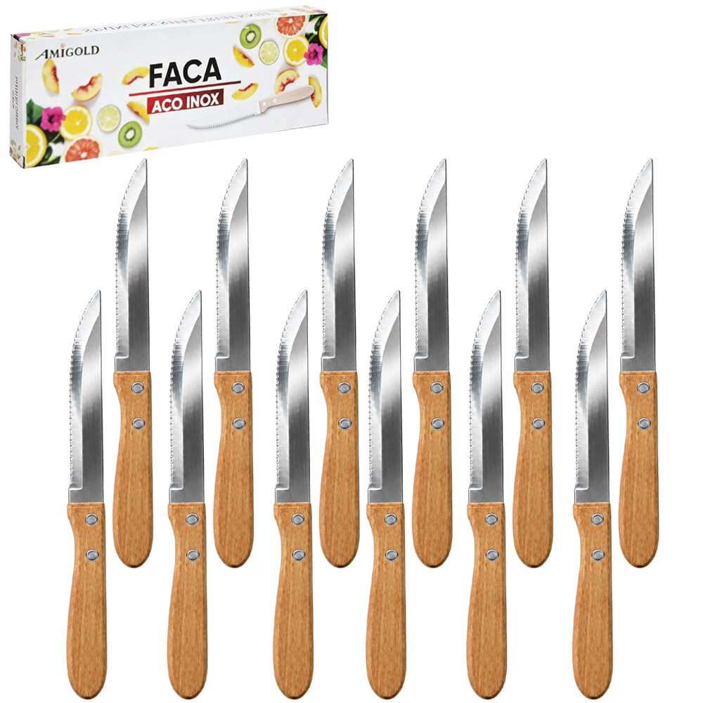 FACA DE MESA DE INOX CABO MADEIRA COM 12 PECAS 21,5CM
