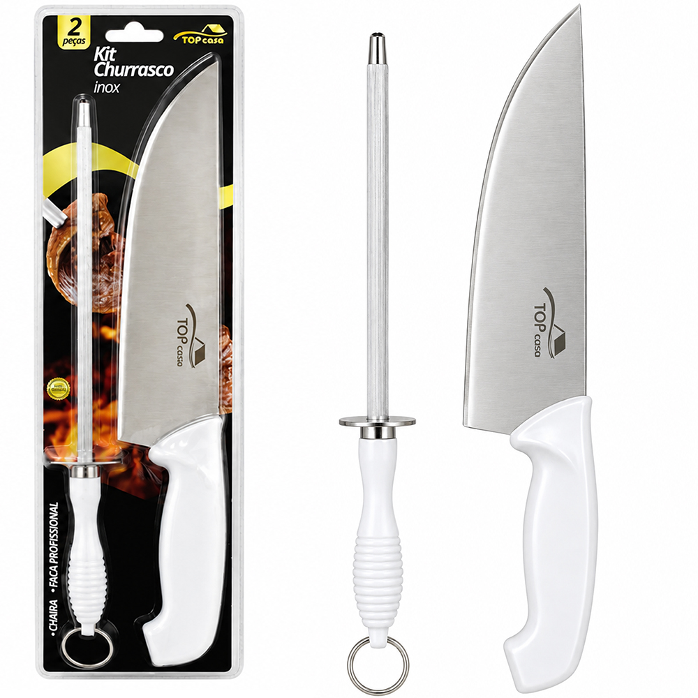 CONJUNTO DE FACA DE CHURRASCO 8''+ CHAIRA 7,5'' DE INOX CABO PLASTICO TOP CASA